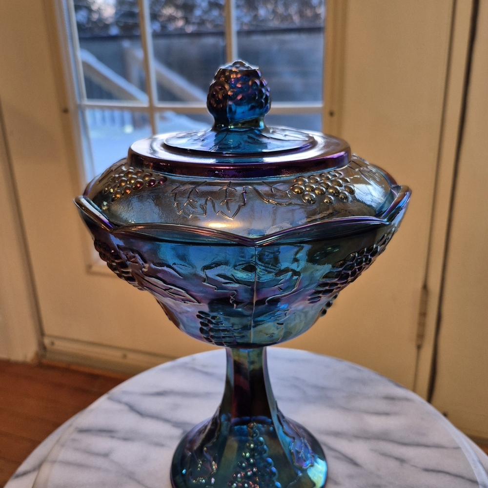 Indiana Carnival Glass candy dish,  gorgeous peacock blue with Lid